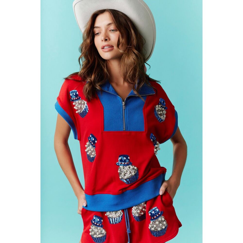 Fantastic Fawn Uncle Sam Red White & Cupcakes Short Sleeve Half Zip Sweatshirt - Picture 3 of 4